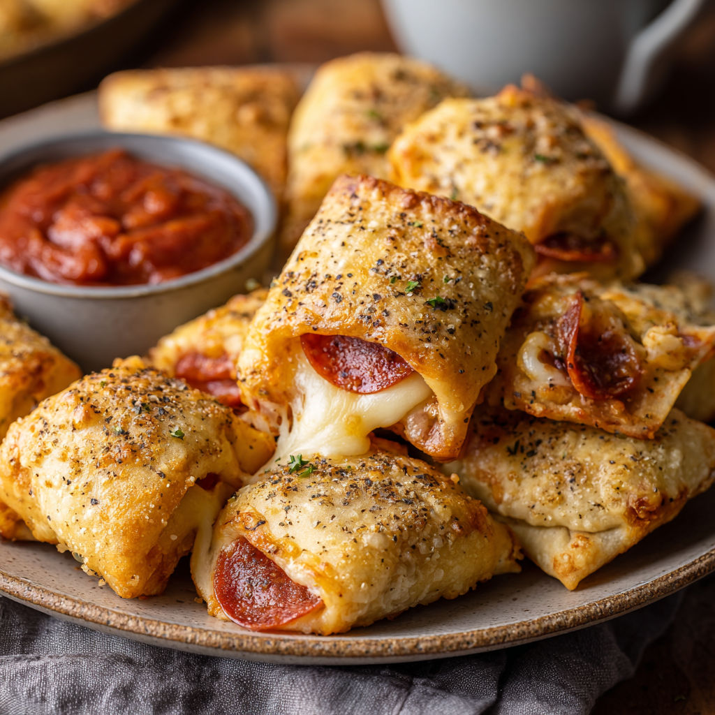 A plate of cheesy pepperoni pizza rolls.