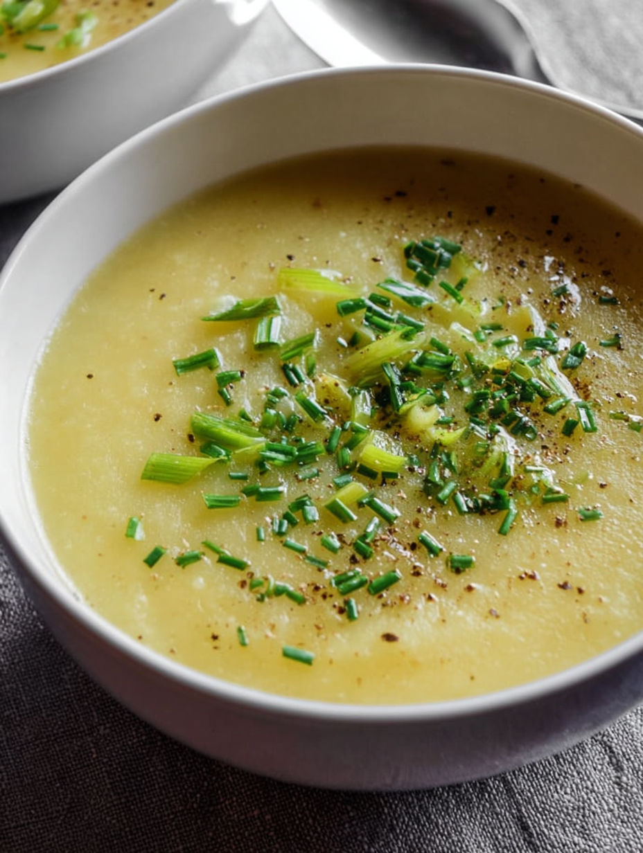 A bowl of soup with green onions and potatoes.