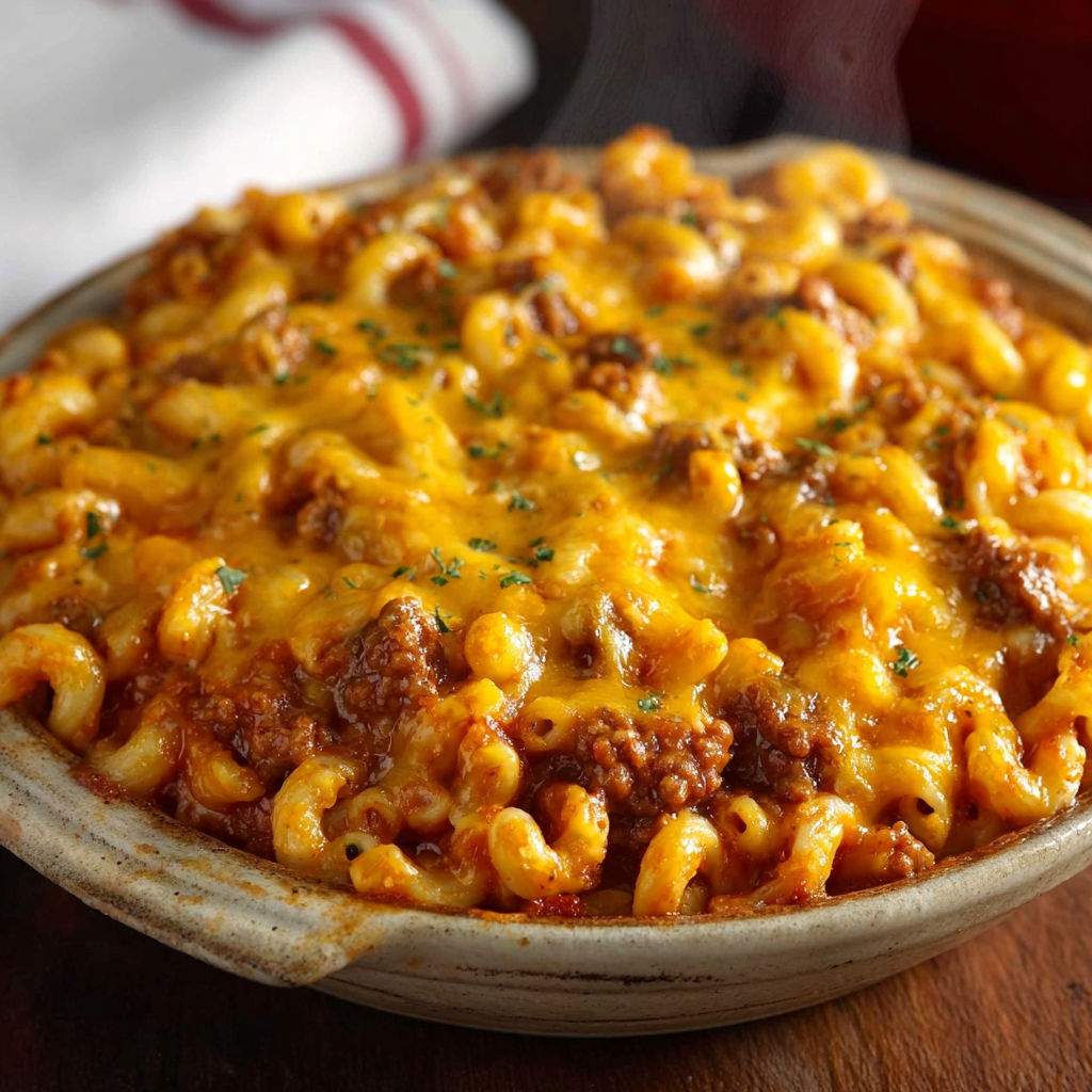 A bowl of cheesy beef and macaroni casserole.