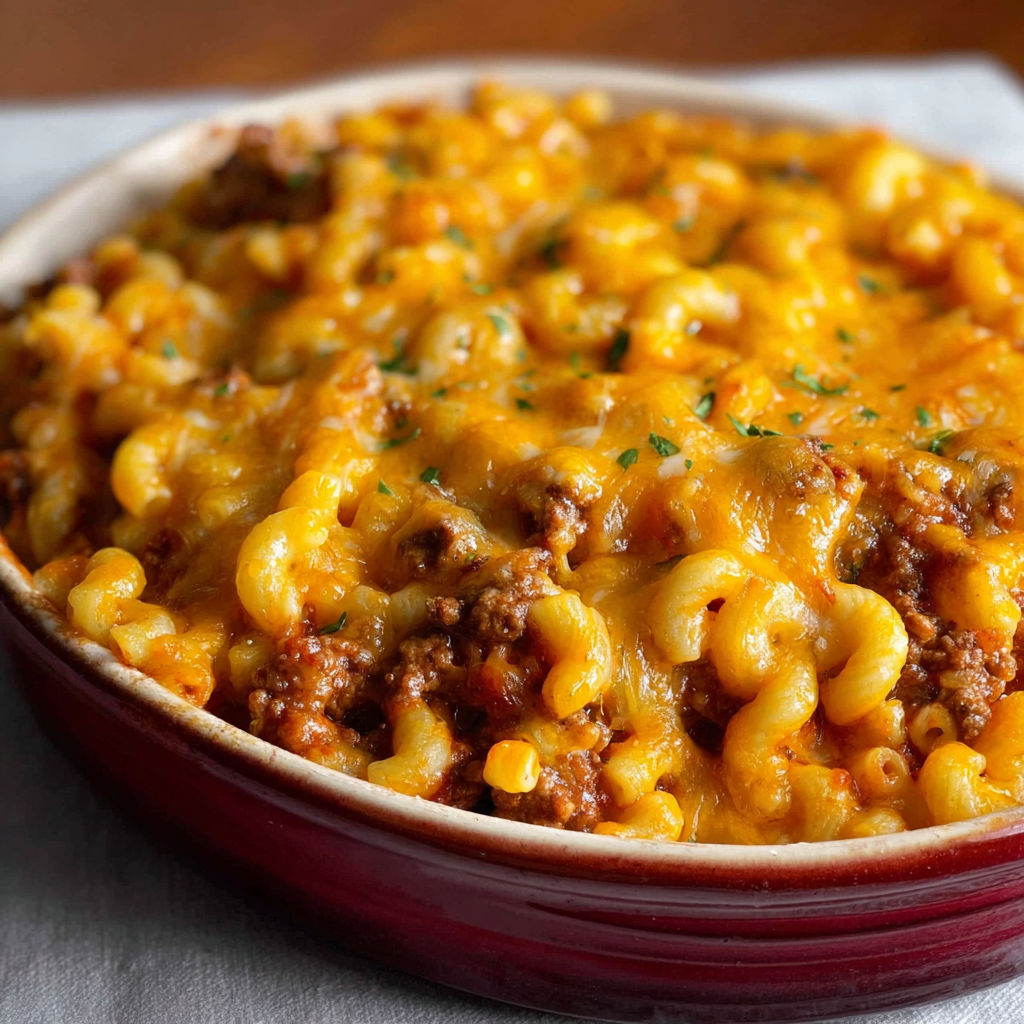 A bowl of macaroni and cheese with meat.