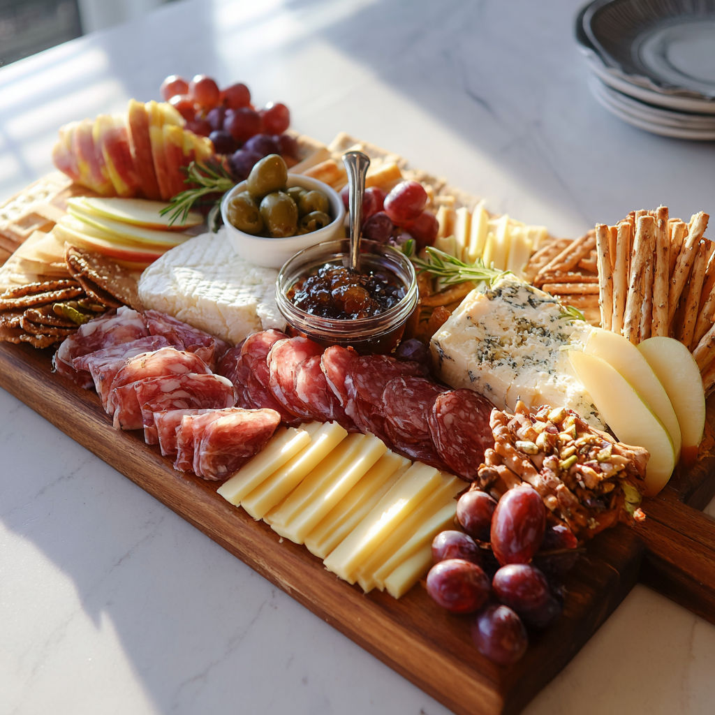 A wooden platter with a variety of cheeses and grapes.