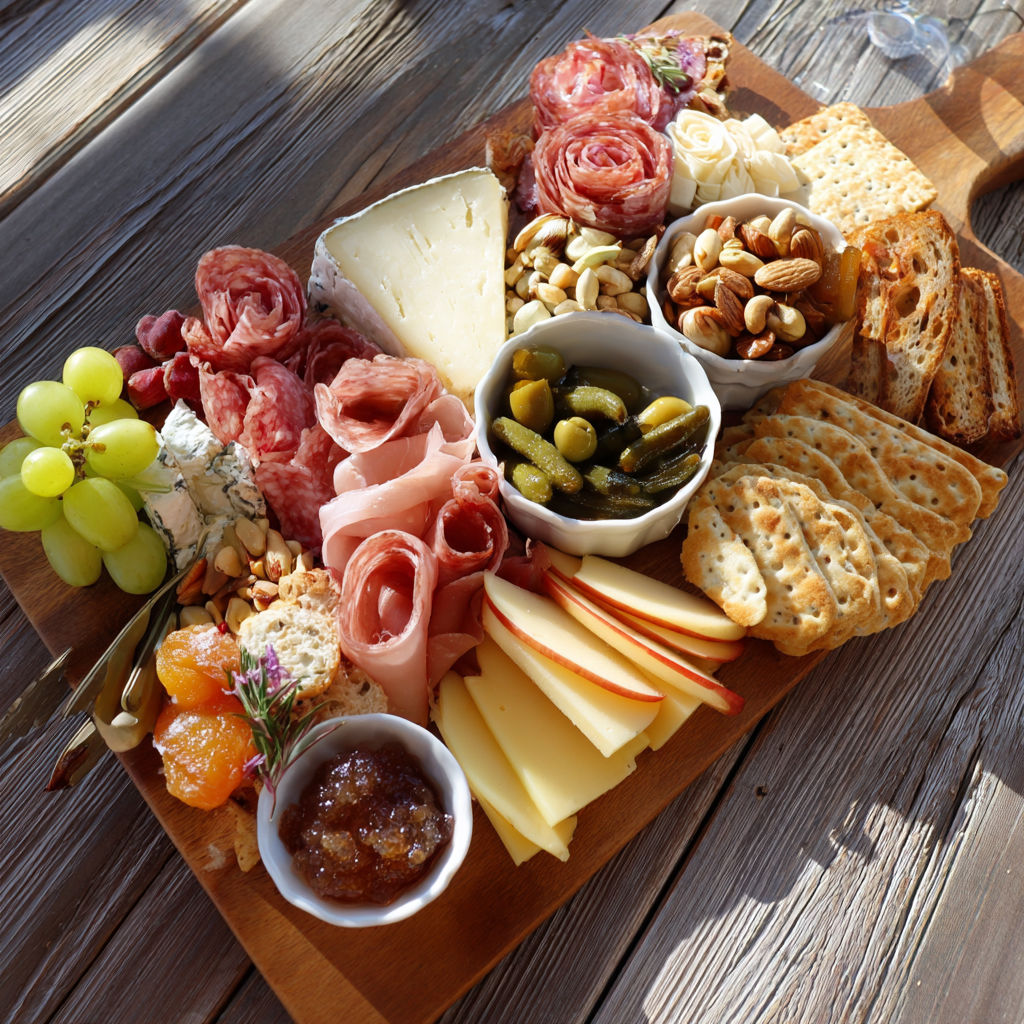 A wooden cutting board with a variety of foods on it.