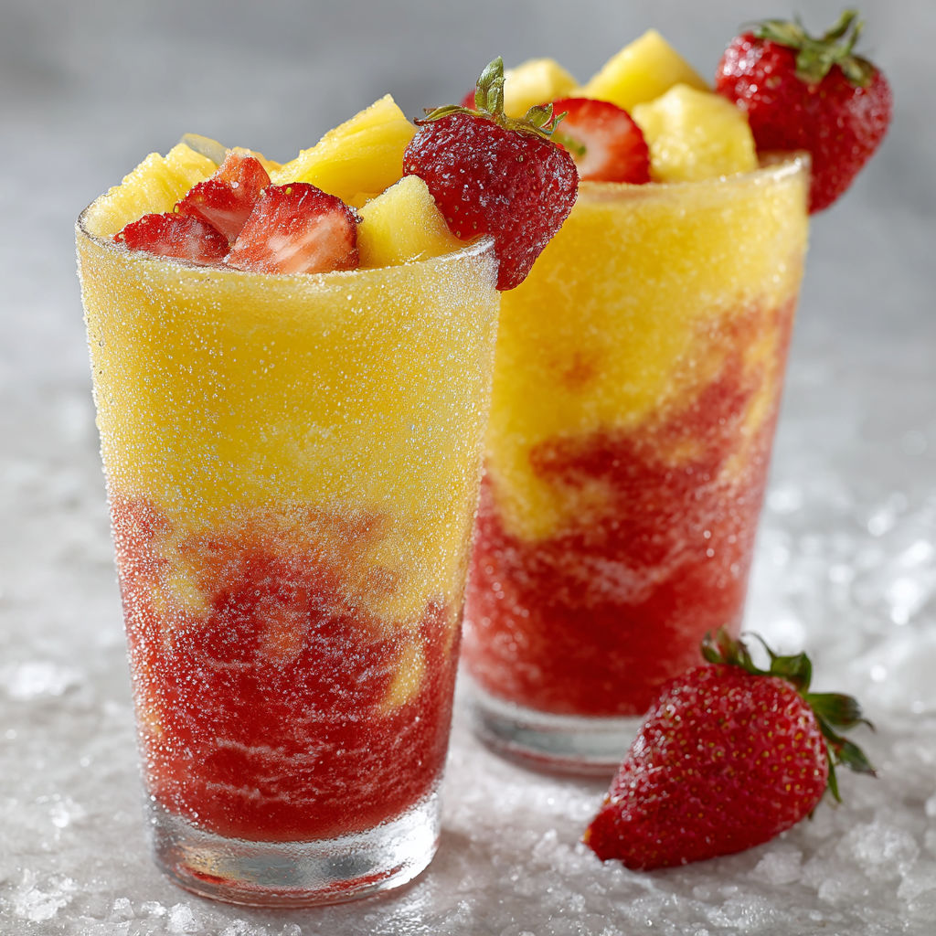 Two glasses of pineapple strawberry swirled slushies.