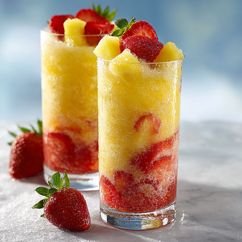 Two glasses of pineapple strawberry swirled slushies.
