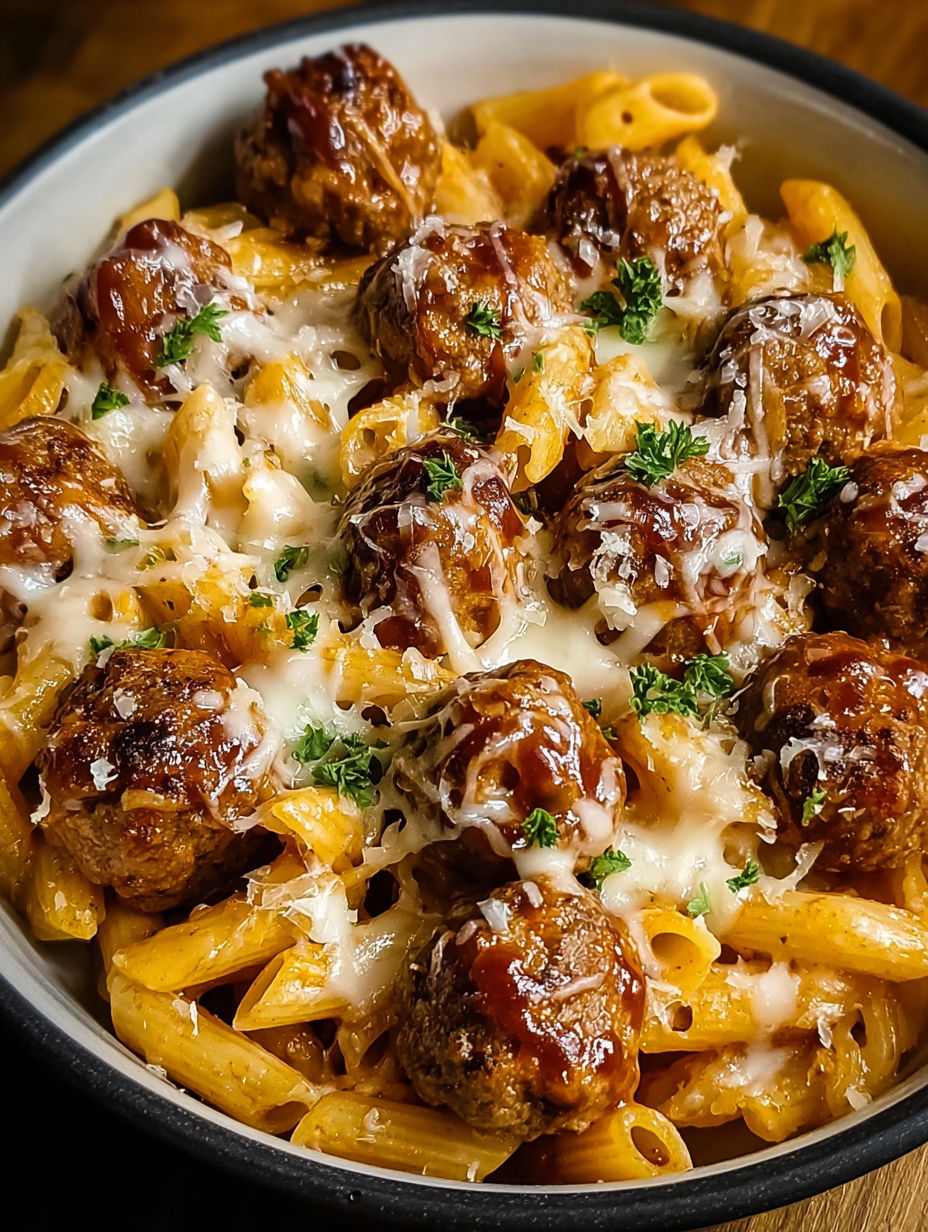 A bowl of pasta with meatballs and honey garlic sauce.
