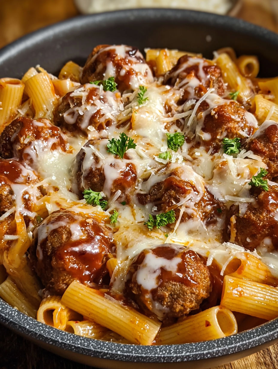 A plate of BBQ honey garlic meatballs and pasta.