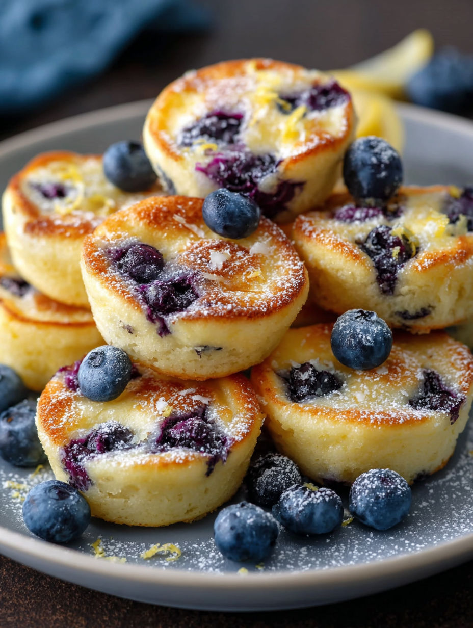 A stack of blueberry lemon pancake bites.