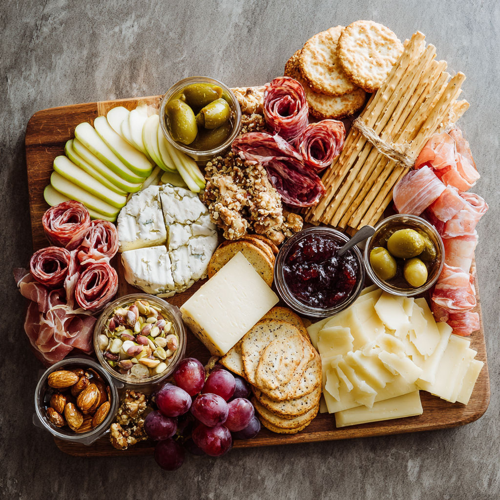 A variety of cheeses, crackers, and olives are arranged on a wooden platter.