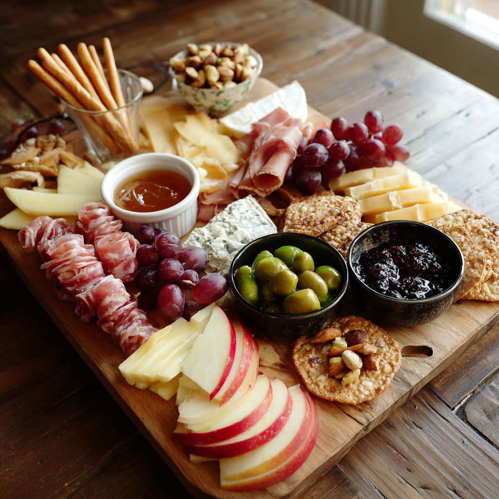 A wooden platter with a variety of cheeses, crackers, and fruits.
