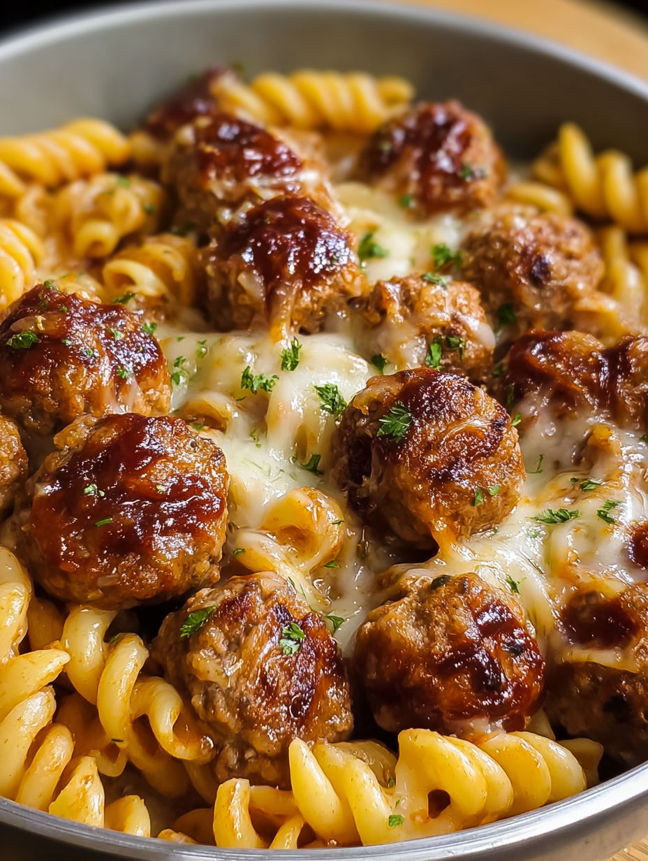 A plate of BBQ honey garlic meatballs on top of pasta.