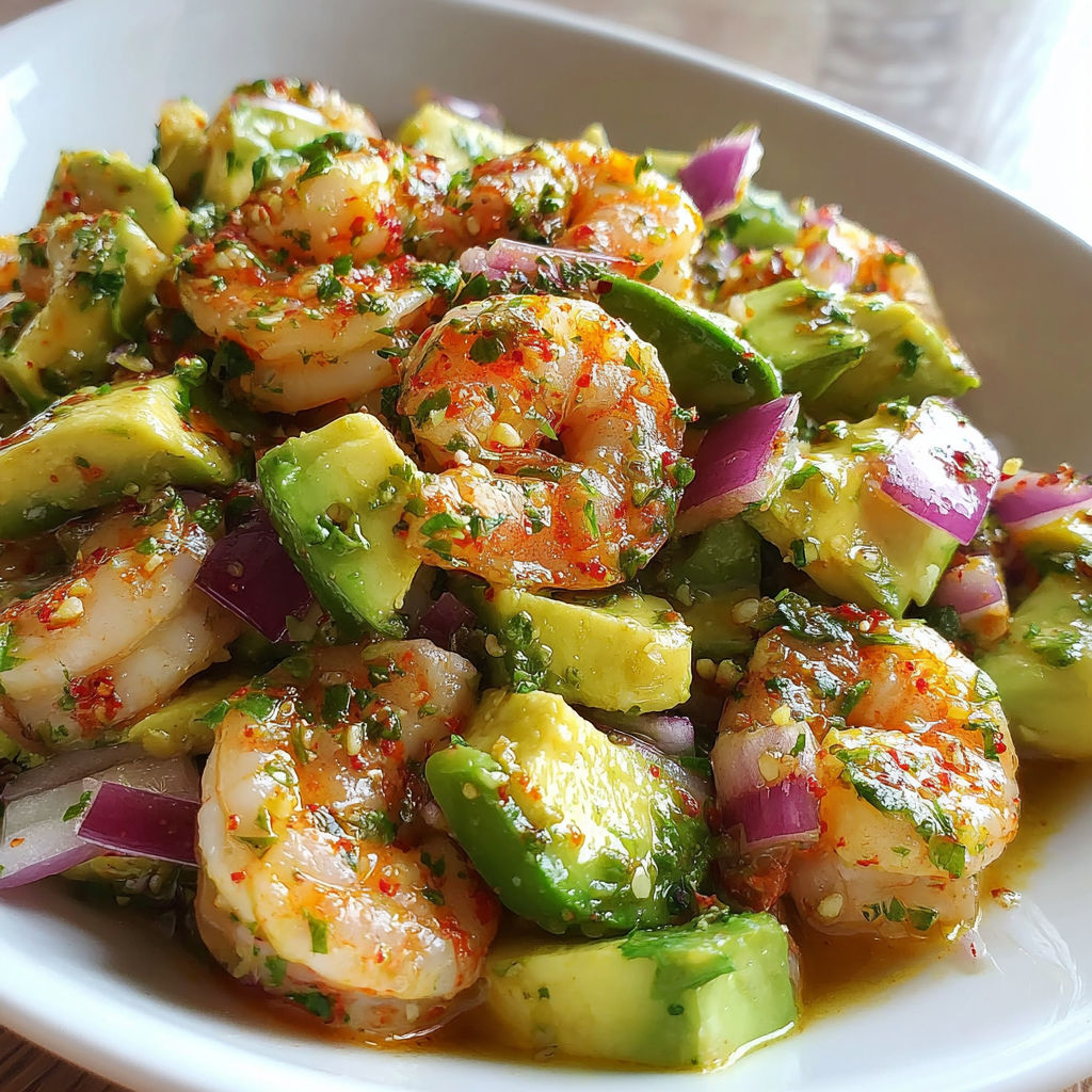 A bowl of shrimp salad with onions and peppers.