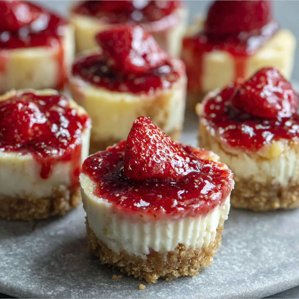 A plate of strawberry cheesecake bites.