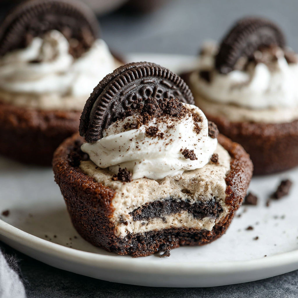 Two Oreo cheesecake cookie cups with white whipped cream.