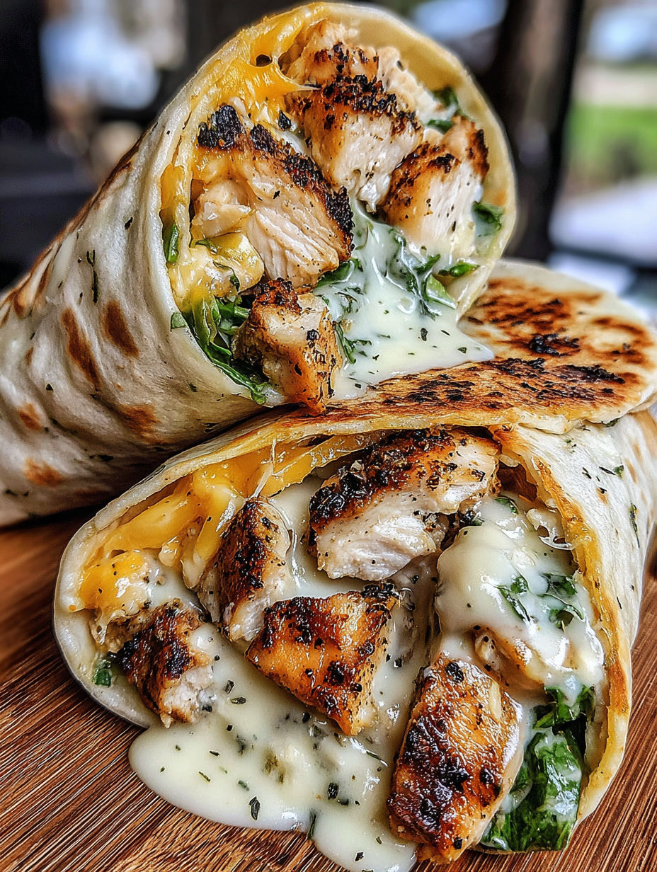 A wrap with chicken and cheese.