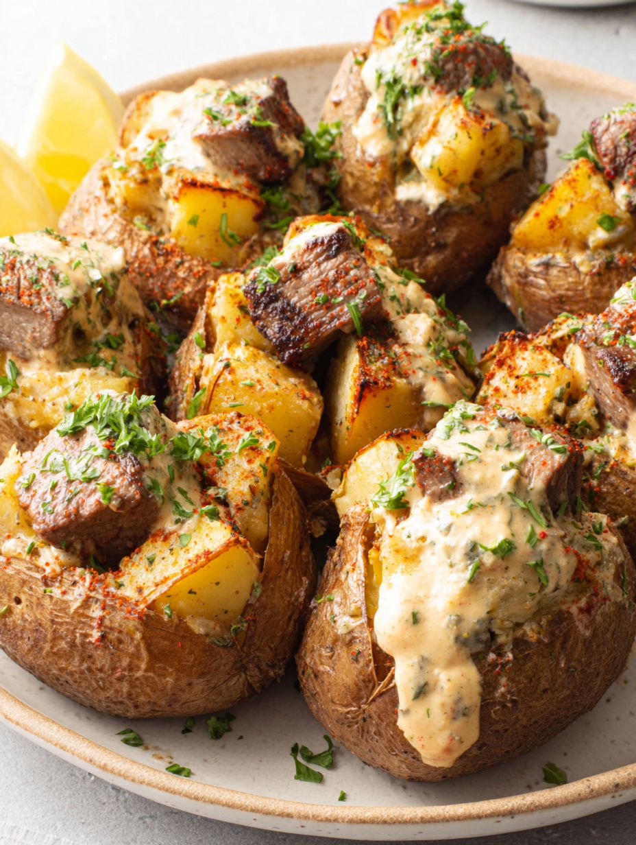 A plate of loaded baked potatoes with steak bites.