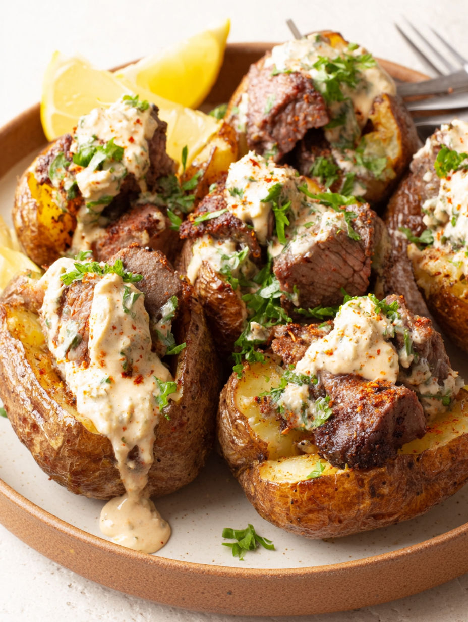 A loaded baked potato with steak bites for a cozy dinner night.