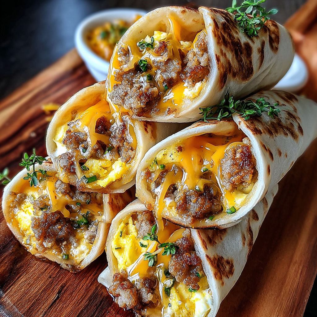 Sausage, egg and cheese breakfast roll-ups.