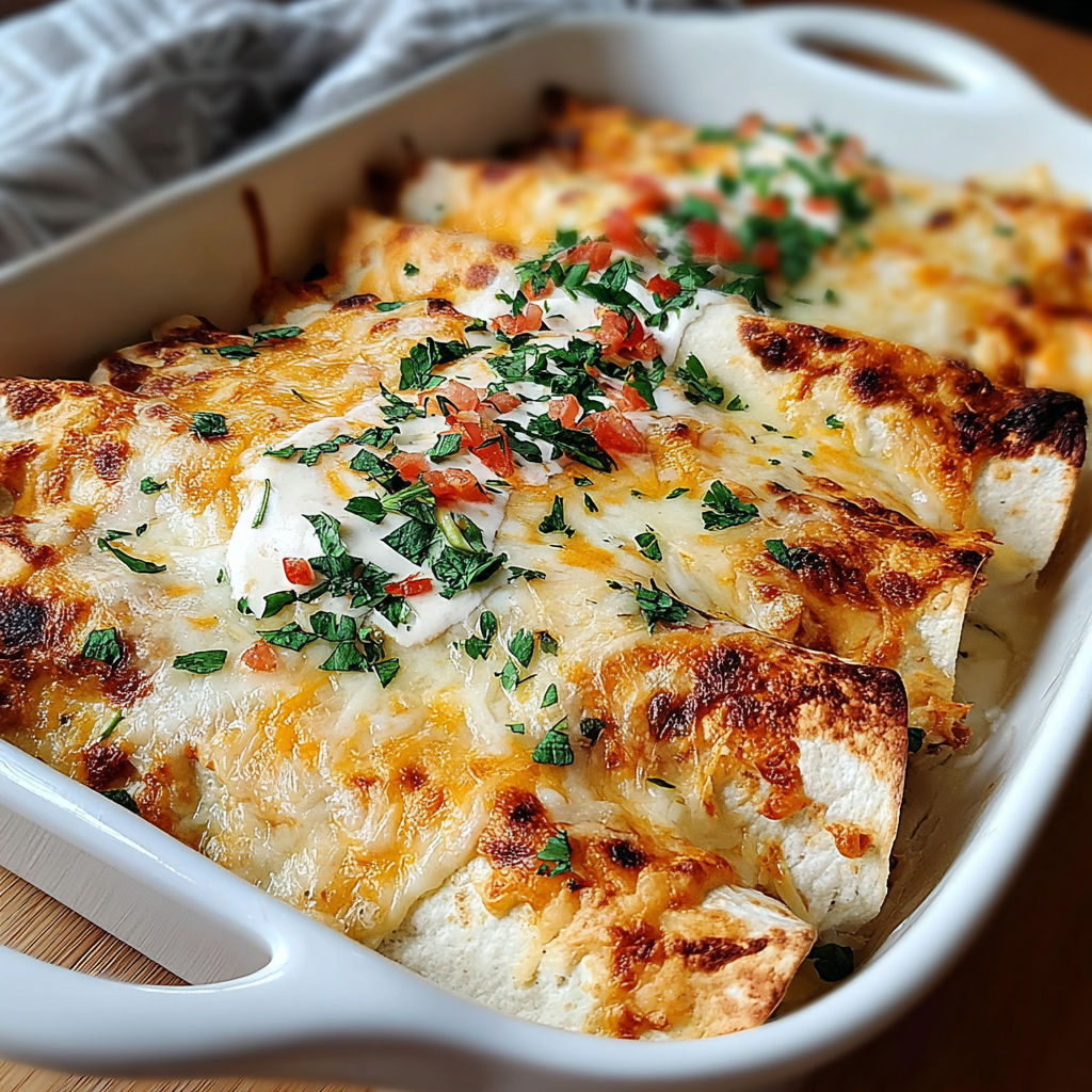A white bowl filled with creamy white chicken enchiladas.