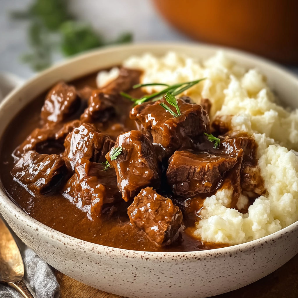 A bowl of beef tips and gravy.