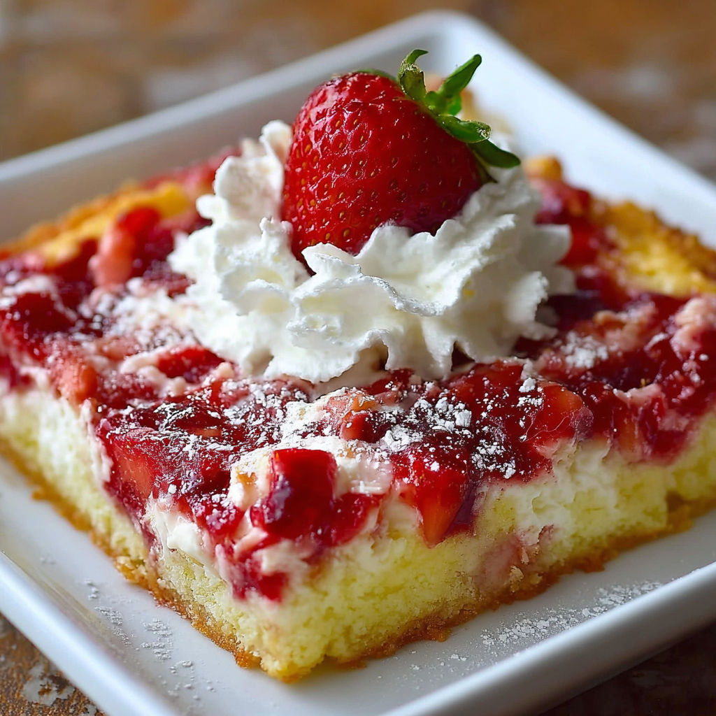 A slice of Ultimate Strawberry Cheesecake Dump Cake.