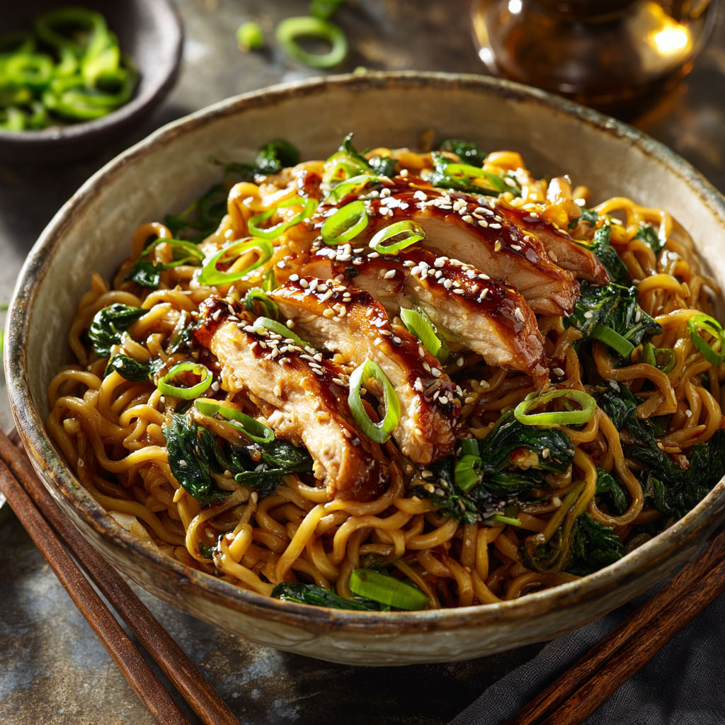 A bowl of delicious chicken teriyaki noodles.