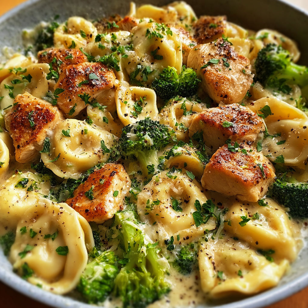 A plate of garlic Parmesan chicken tortellini.