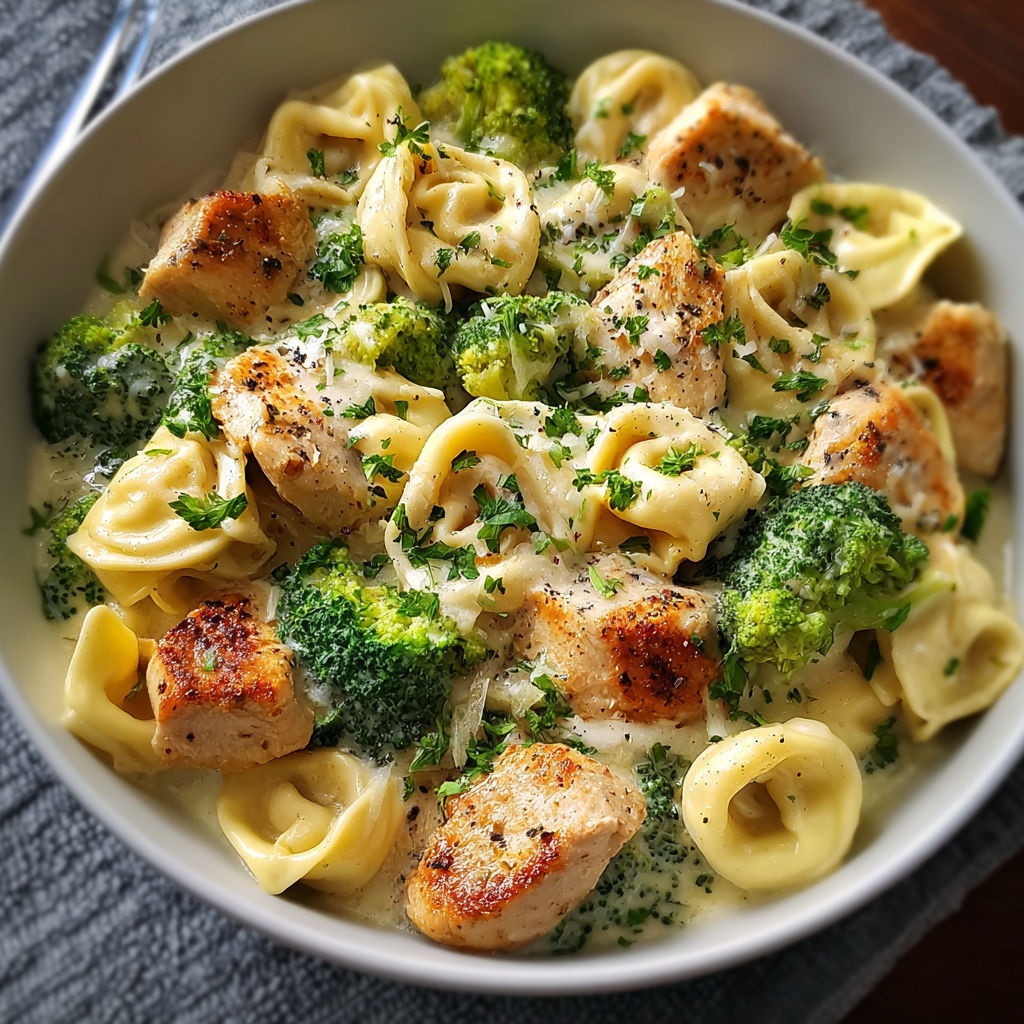A bowl of garlic Parmesan chicken tortellini.