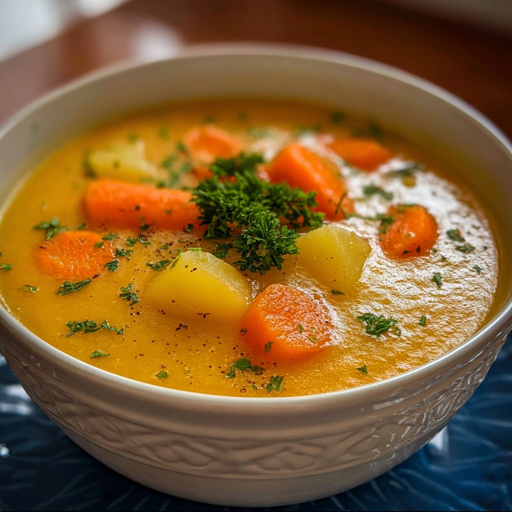 A bowl of creamy potato carrot soup.