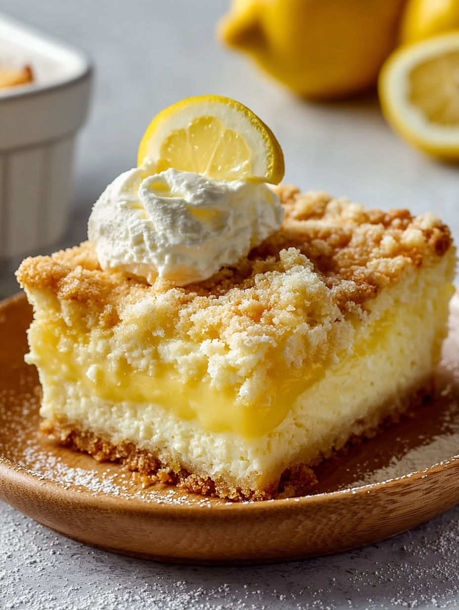 A slice of lemon cream cheese dump cake.
