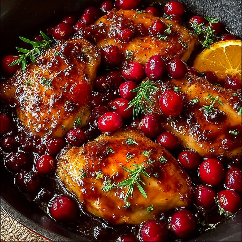 A skillet with chicken and cranberries.