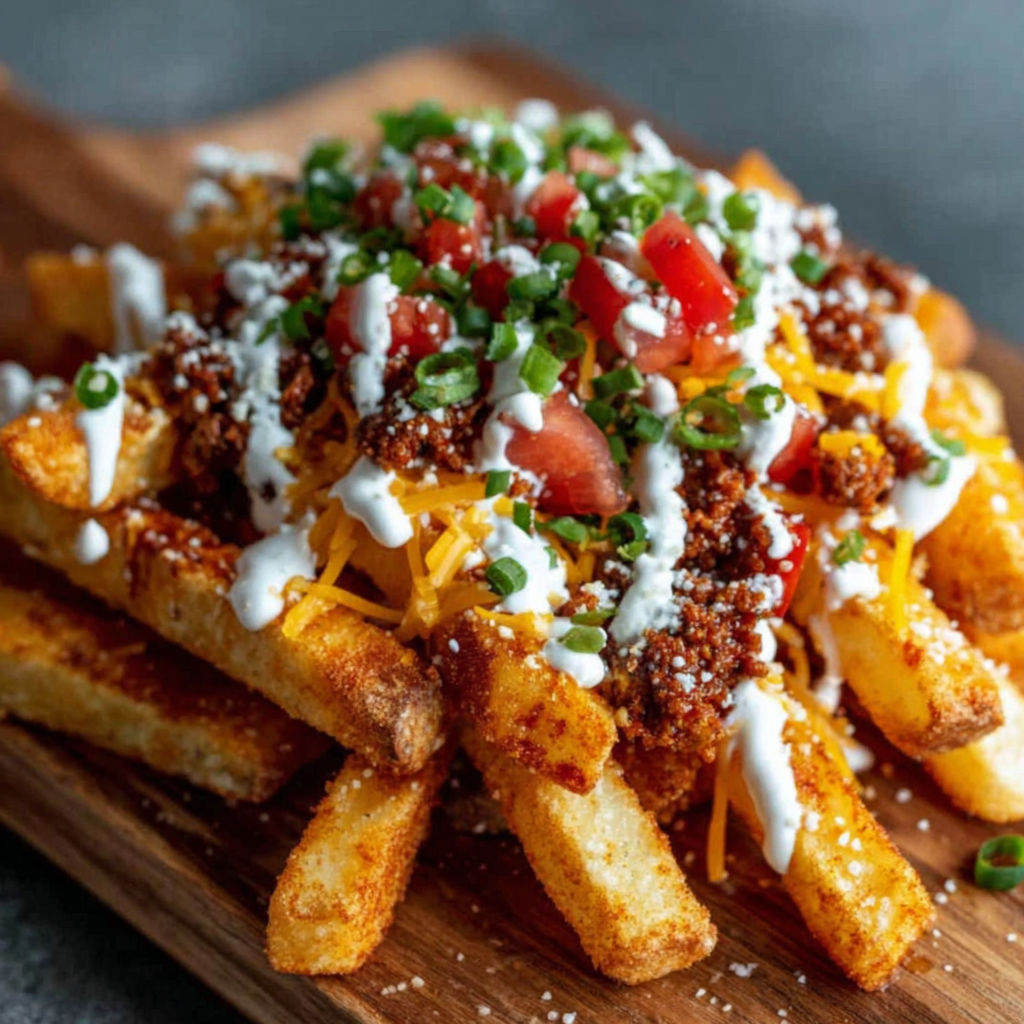 A plate of nacho fries with cheese and tomatoes.