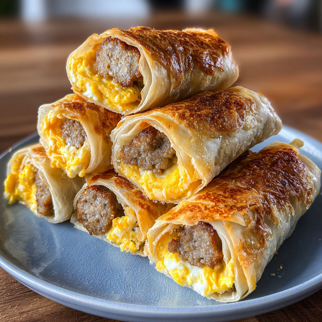 A stack of delicious beef sausage egg breakfast roll ups.