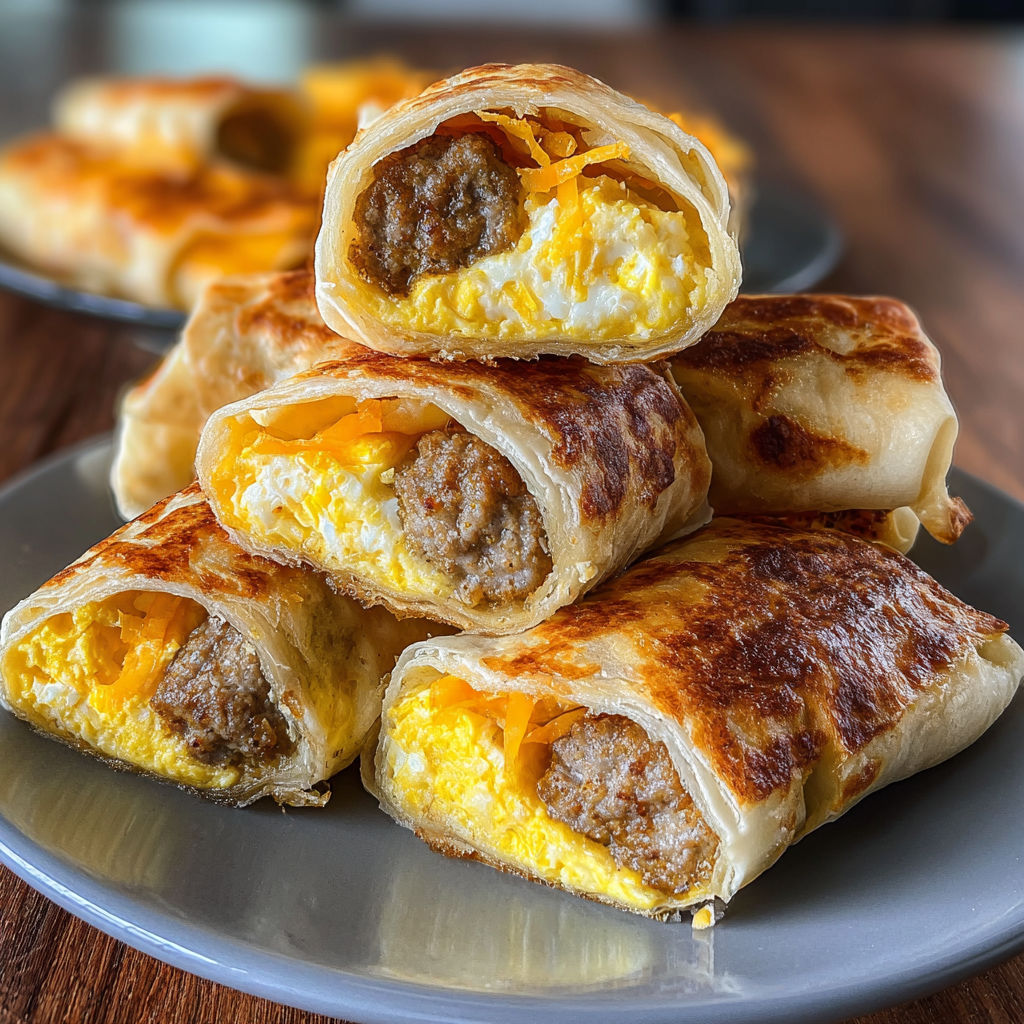 A stack of breakfast burritos with eggs and sausage.