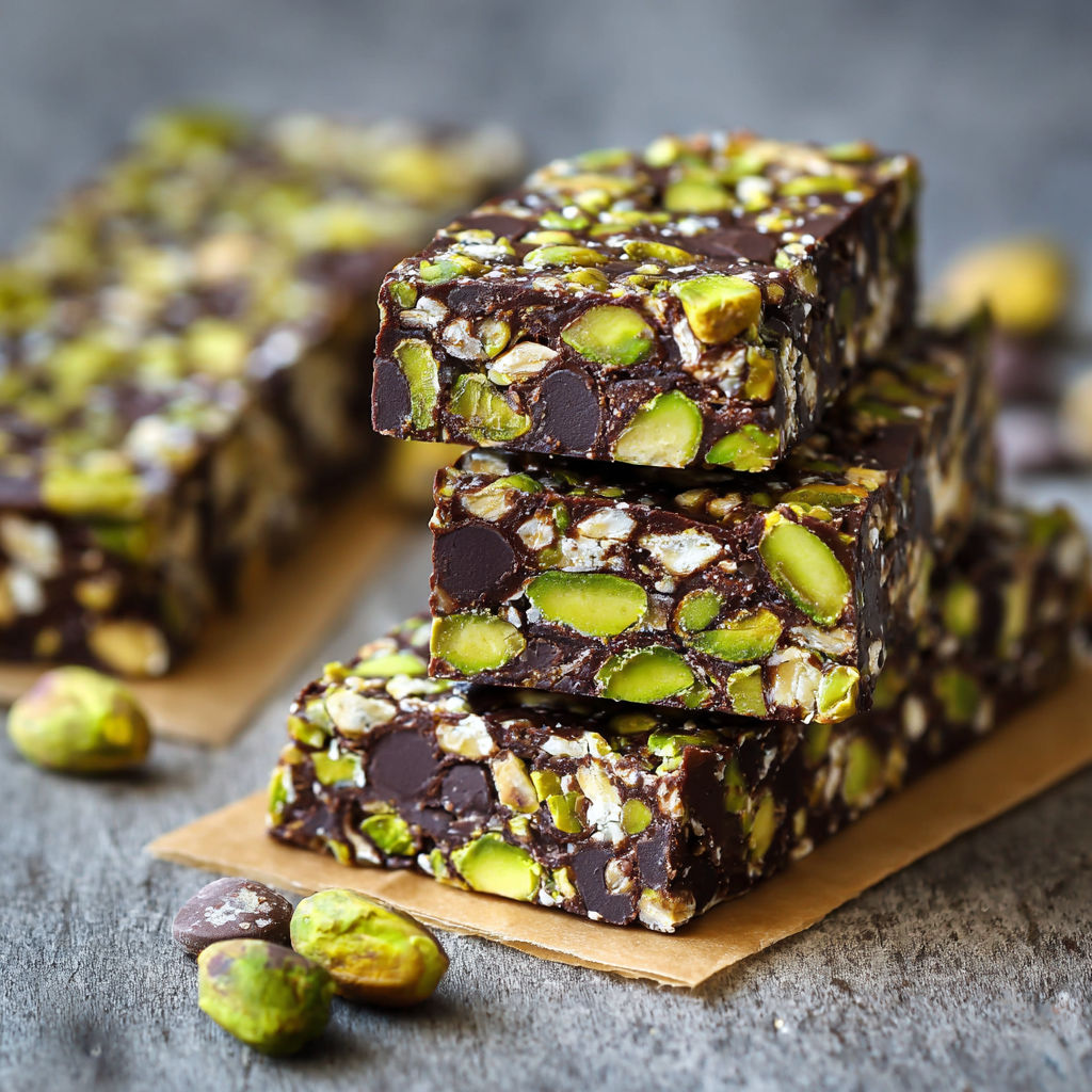 A stack of three dark chocolate energy bars with pistachio nuts.