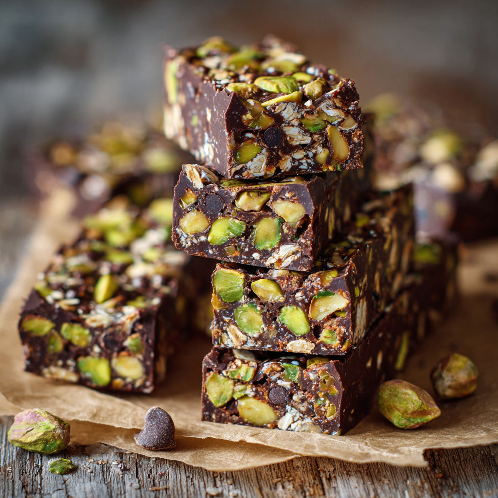 A stack of four dark chocolate pistachio energy bars.