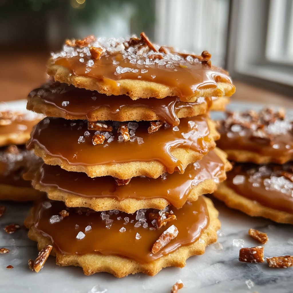 A stack of caramel ritz cracker cookies.