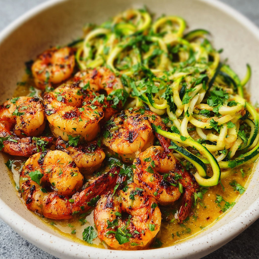 A bowl of shrimp and zucchini noodles.