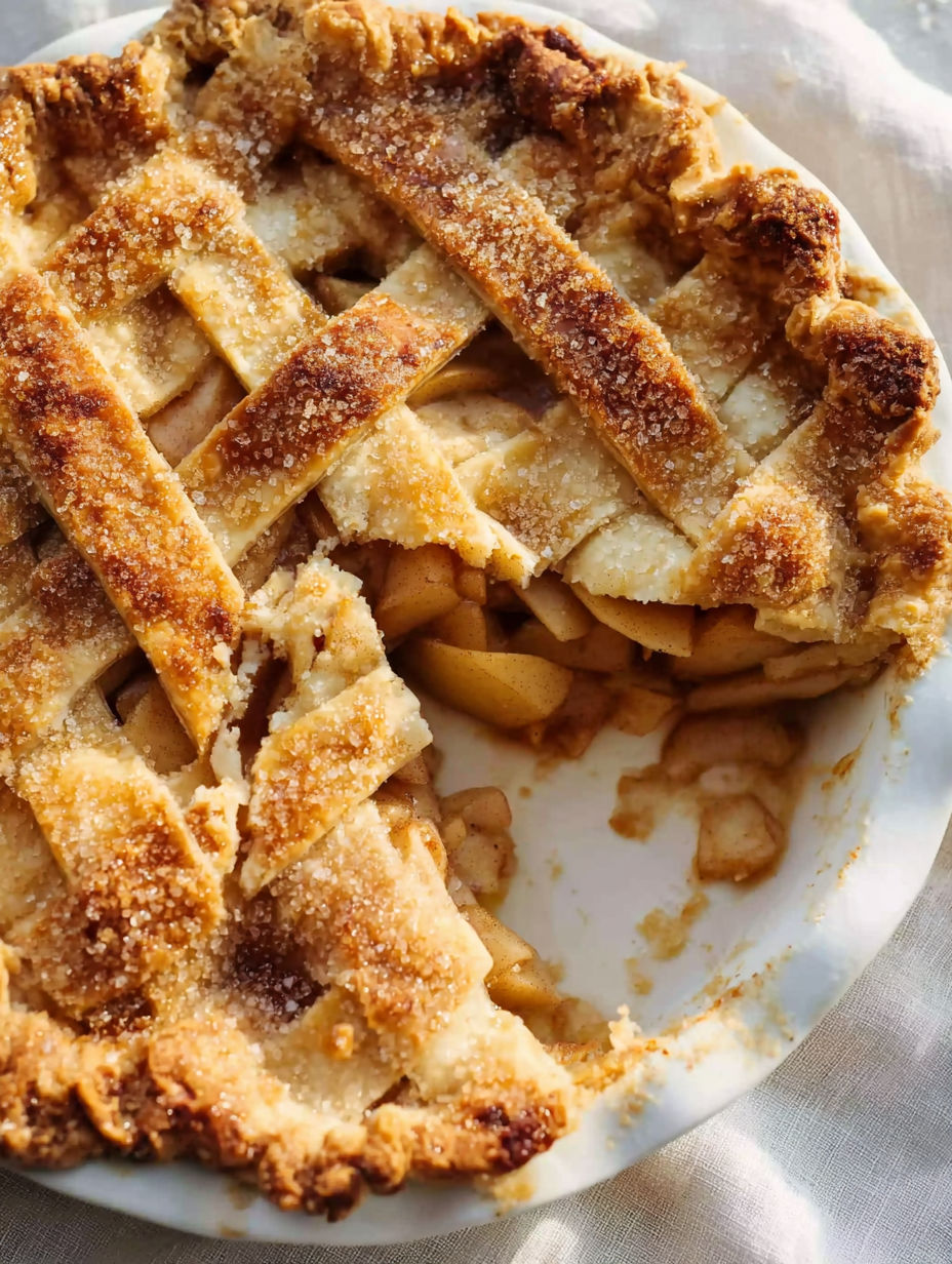 A slice of apple pie with a white plate.