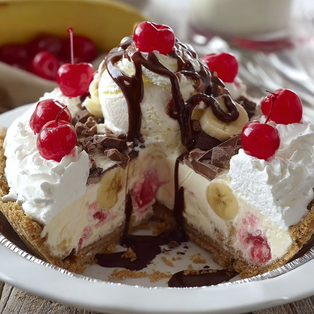 A slice of a banana split pie with chocolate and whipped cream.