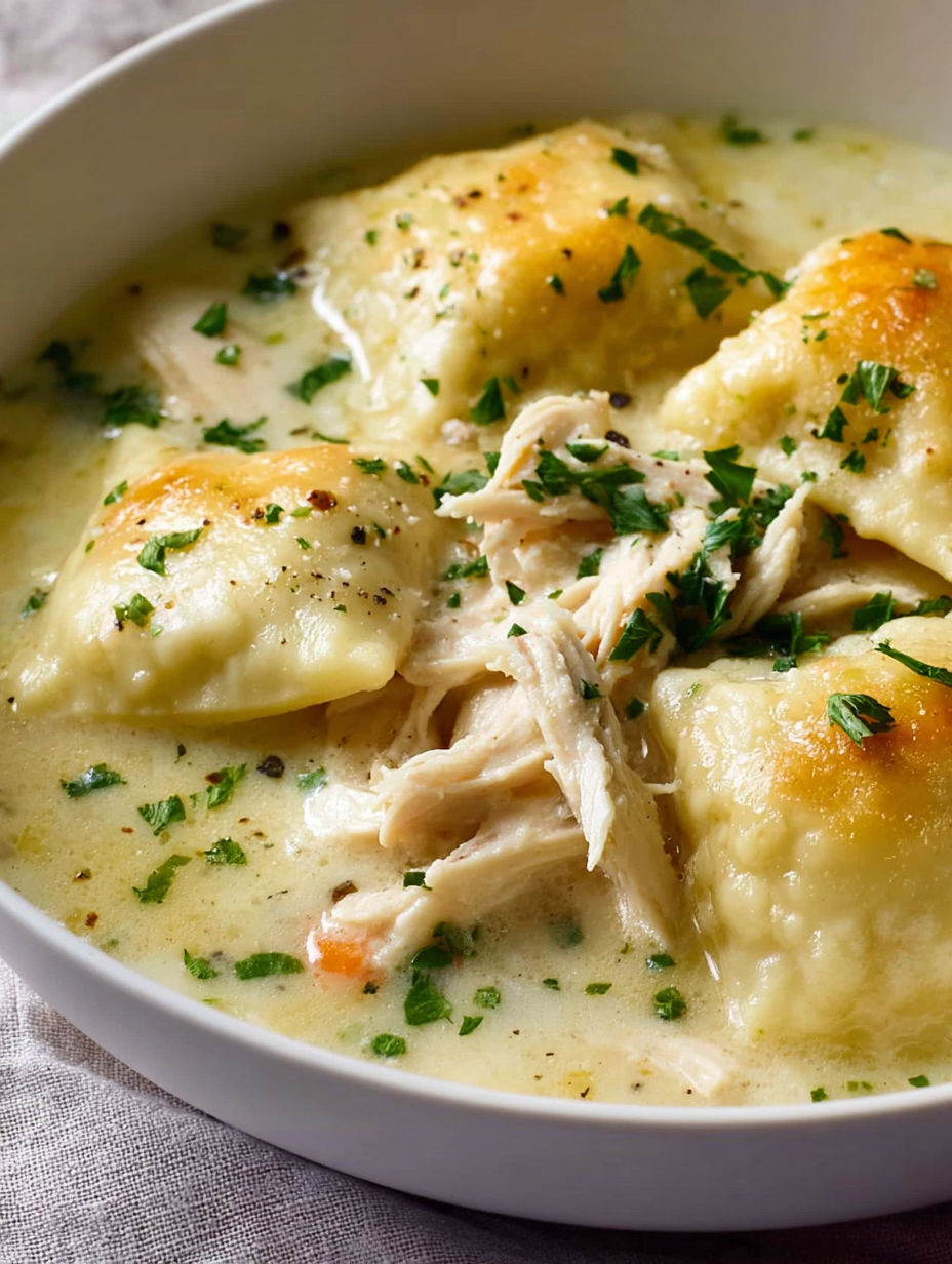 A bowl of chicken and dumplings.
