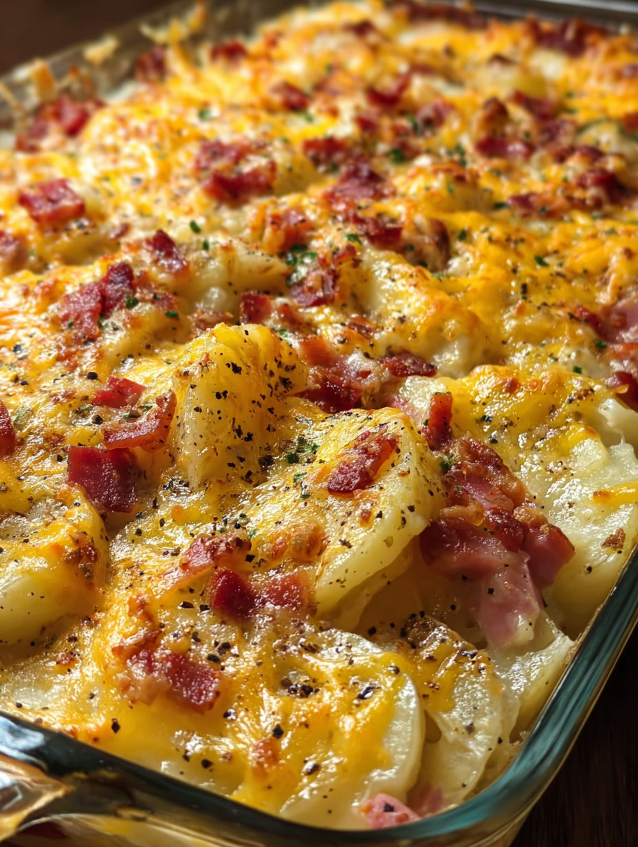 A close up of a ham and potato casserole.