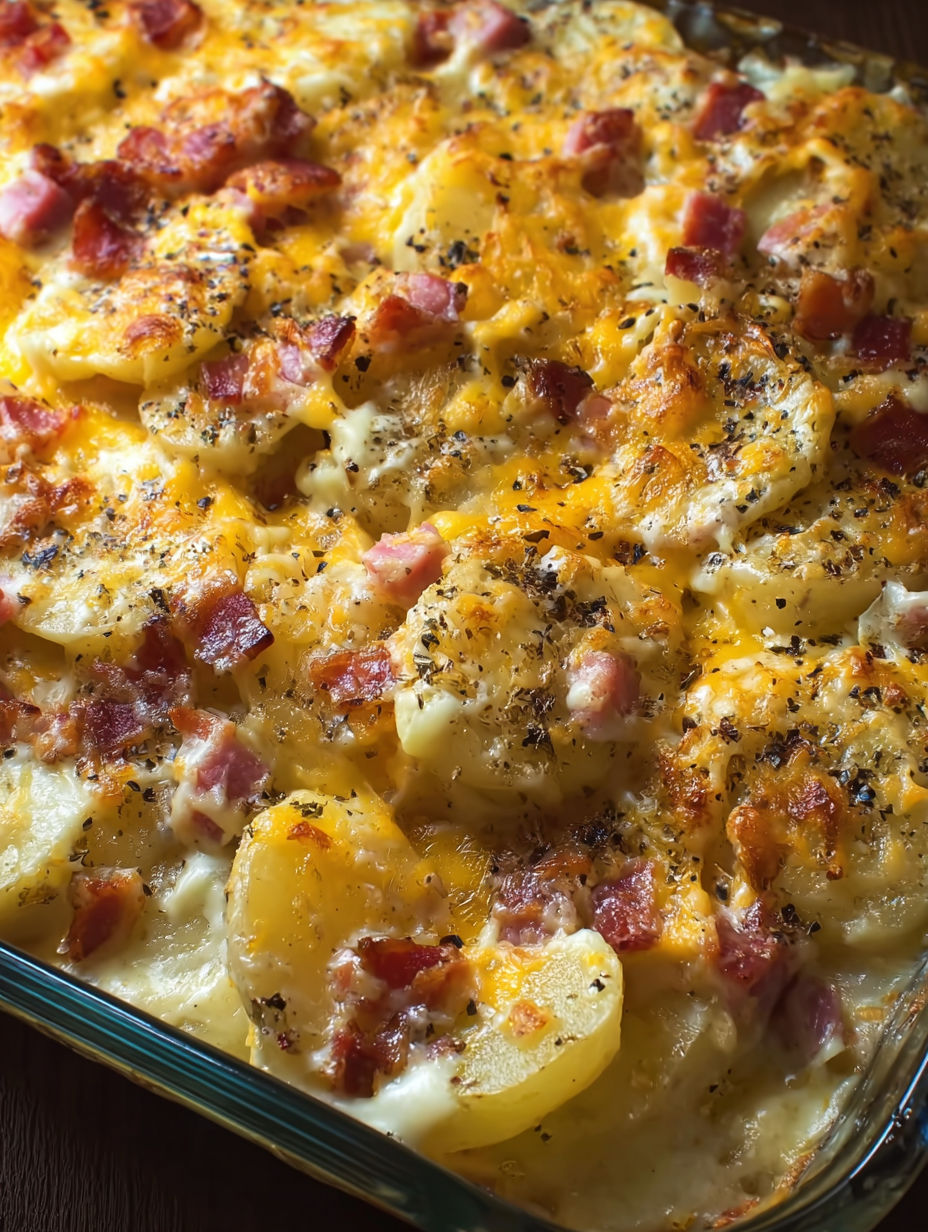 A close up of a delicious ham and potato casserole.