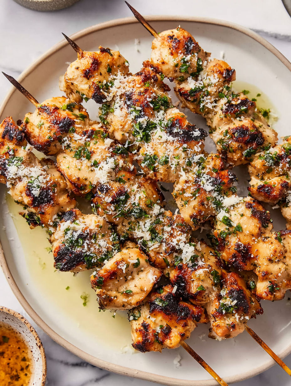 A plate of chicken skewers with sauce.