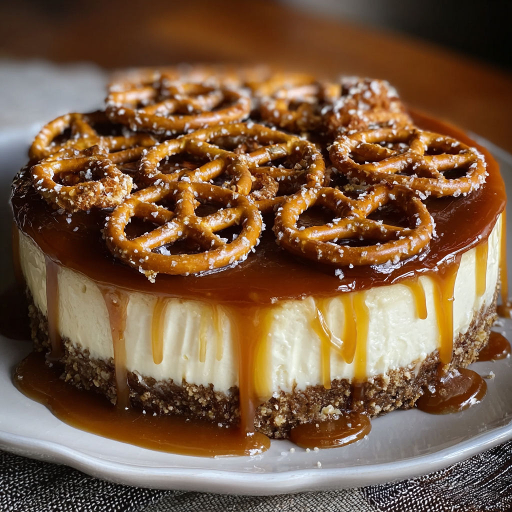A slice of salted caramel pretzel cheesecake.