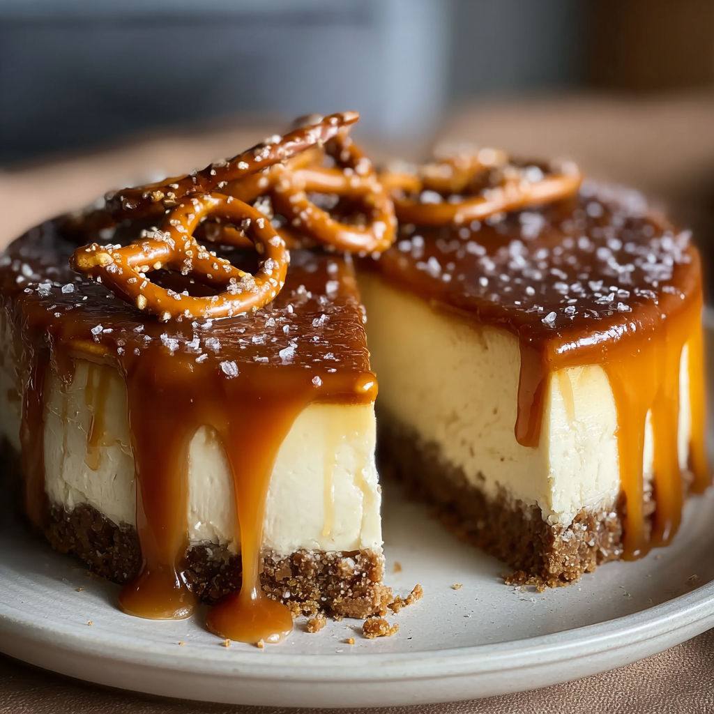 A slice of salted caramel pretzel cheesecake.