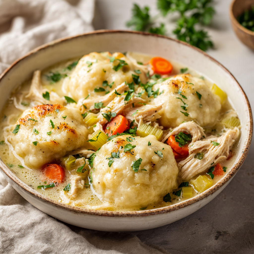 A bowl of chicken and dumplings with vegetables.