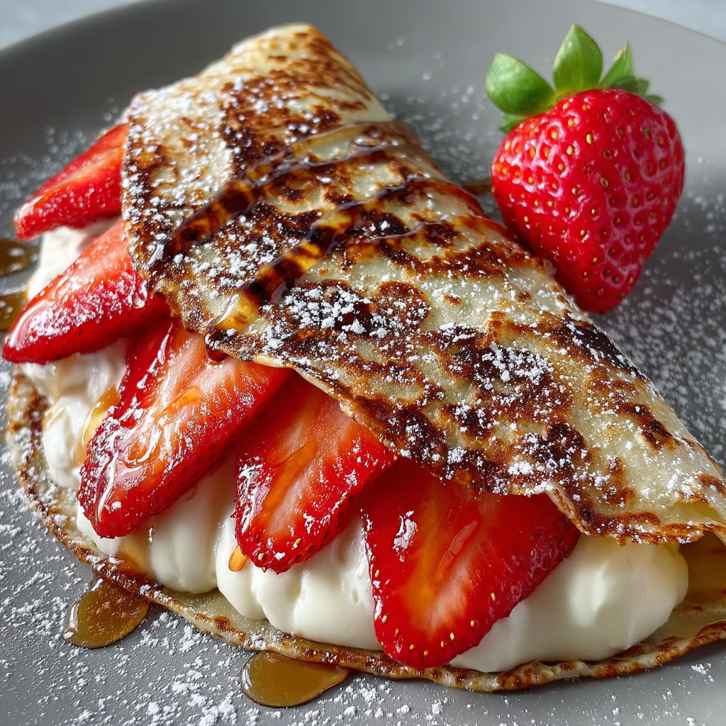 A delicious strawberry cheesecake quesadilla with a strawberry on top.