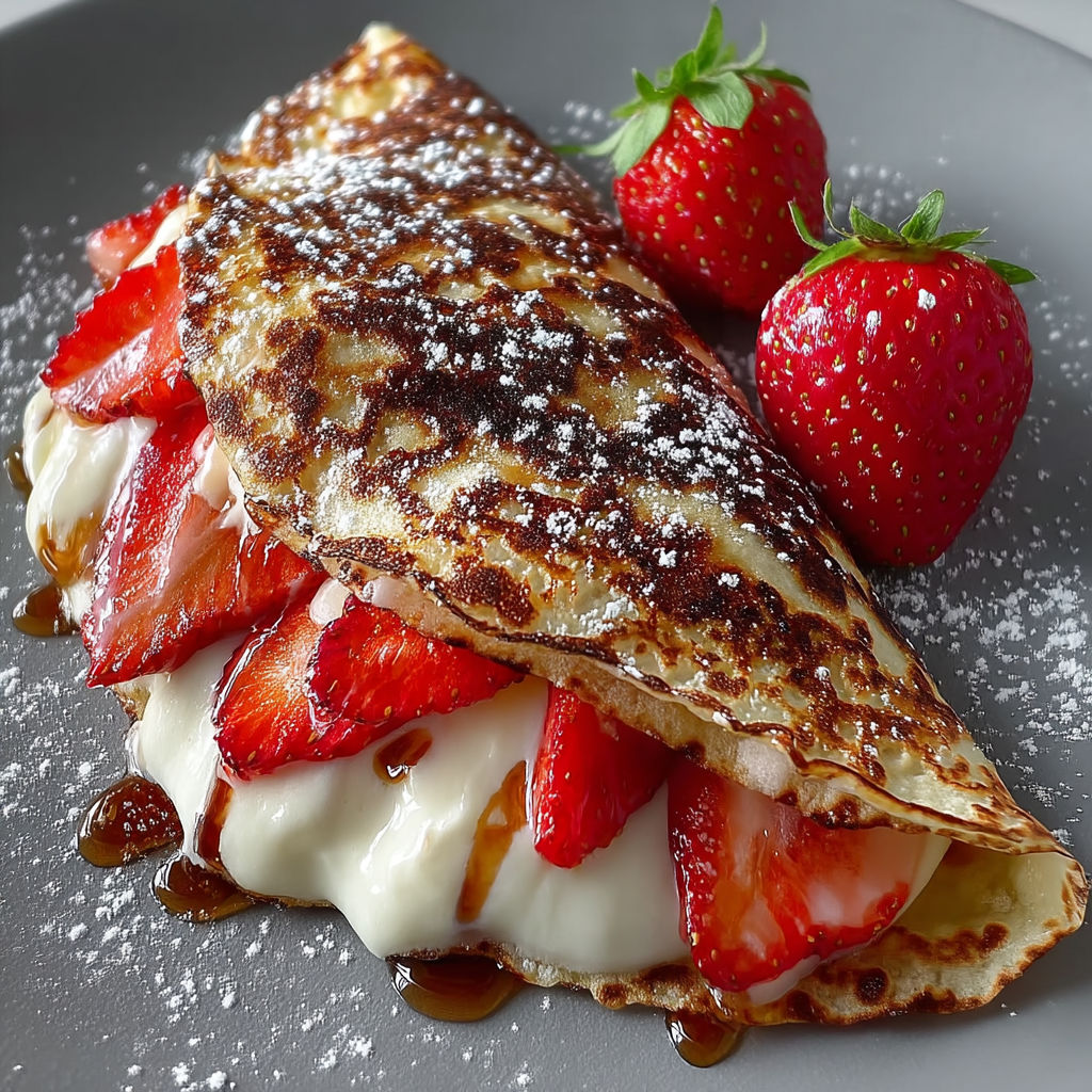 A delicious strawberry cheesecake quesadilla with strawberries on top.