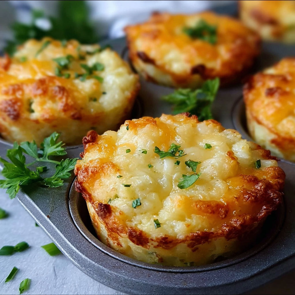 A tray of cheesy mashed potato muffins.