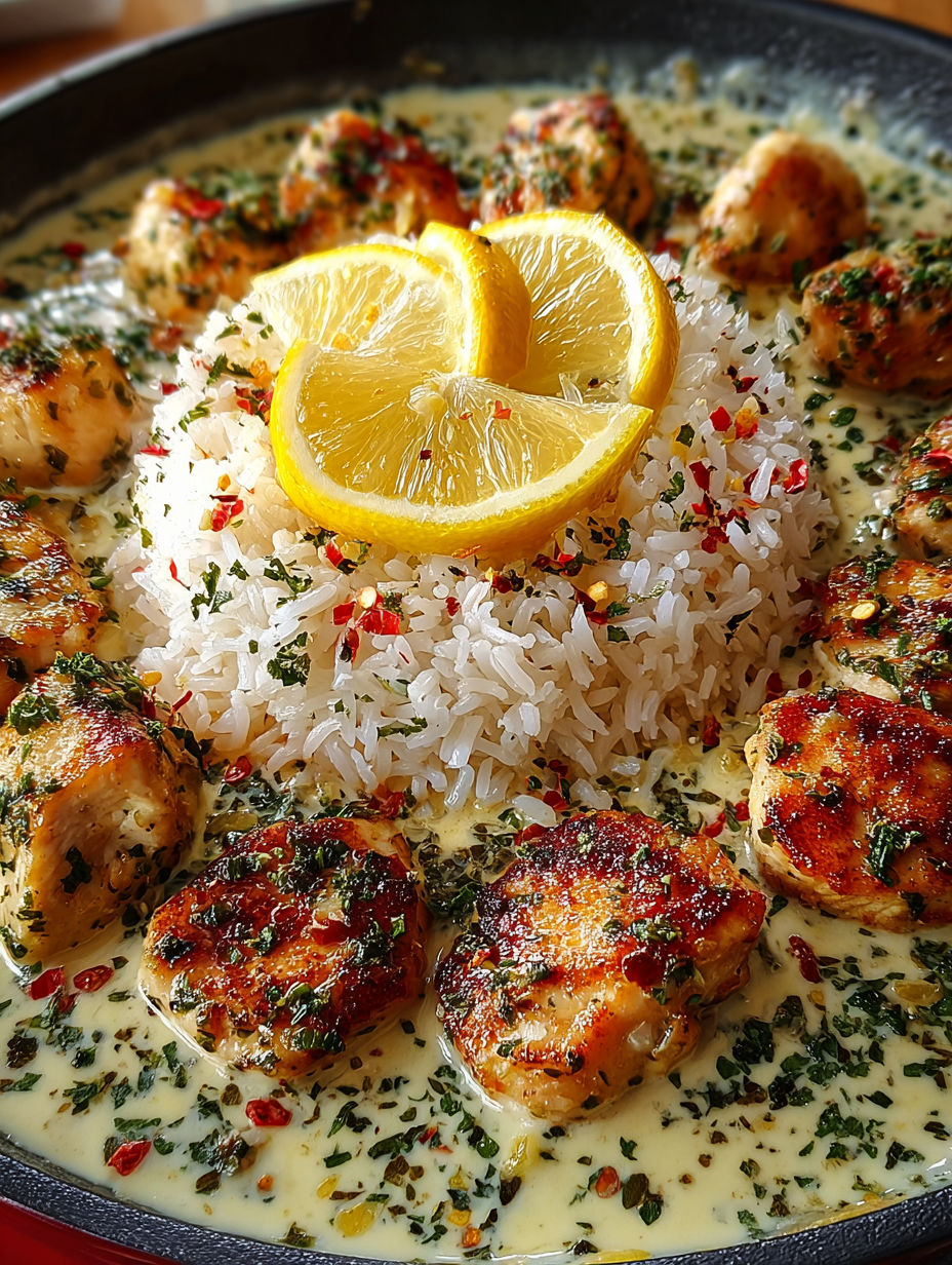 A dish of chicken scampi with creamy garlic parmesan rice.